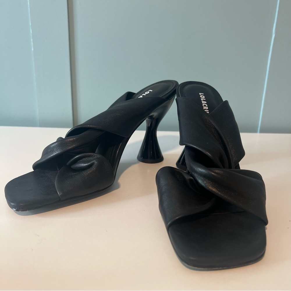 Lola Cruz 100% Leather Women’s Black Twisted Leather Spool Heeled Mules. Size 37